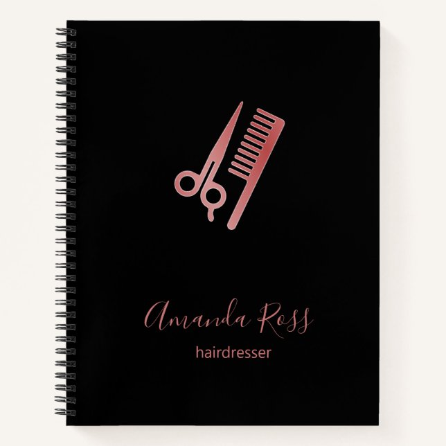 Rose gold scissors and comb black notebook (Front)