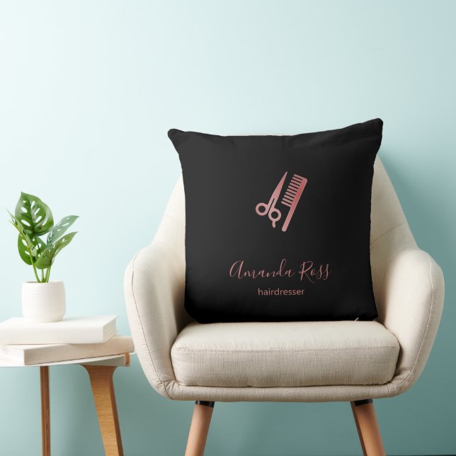 Rose gold scissors and comb black throw pillow (Chair)