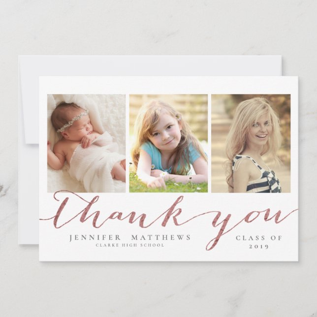 Rose Gold Script 3 Photo Graduation Thank You (Front)