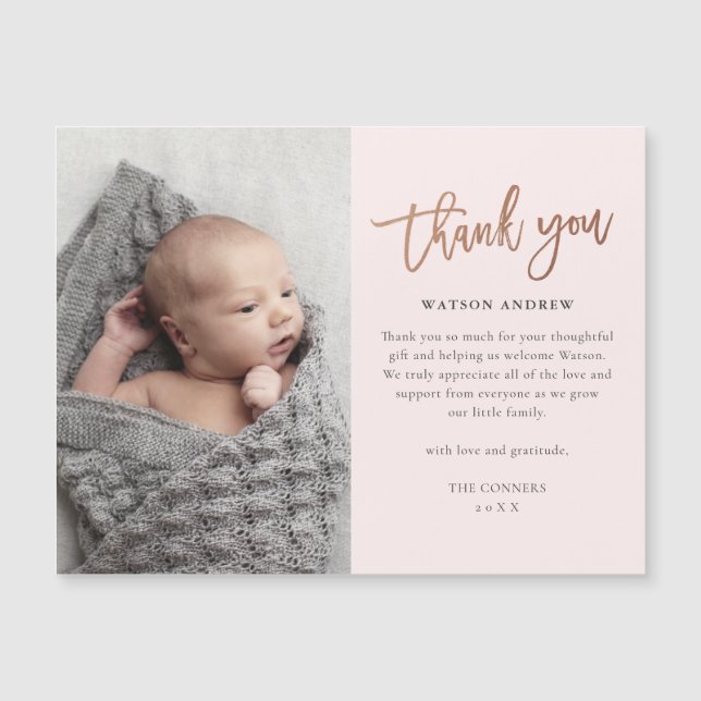 Rose Gold Script Baby Merci carte magnétique (Devant)