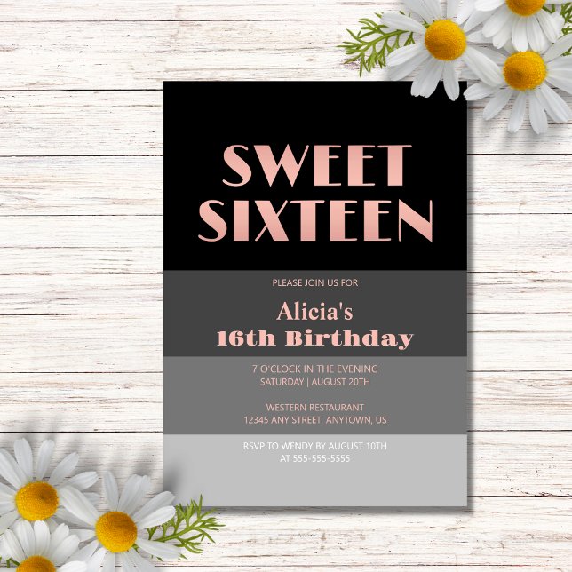 Rose Gold Script Black Grey Stripes 16th Birthday Invitation (Creator Uploaded)