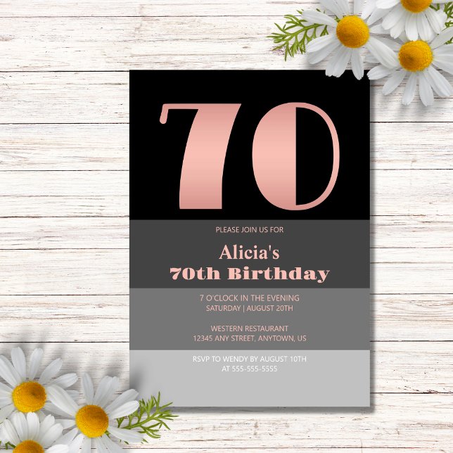 Rose Gold Script Black Grey Stripes 70th Birthday Invitation (Creator Uploaded)