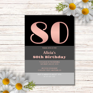 Rose Gold Script Black Grey Stripes 80th Birthday Invitation