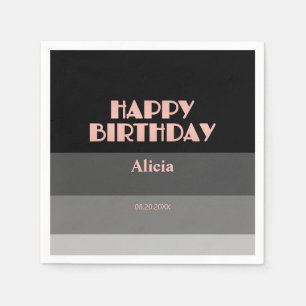 Rose Gold Script Black Grey Stripes Birthday Napkin