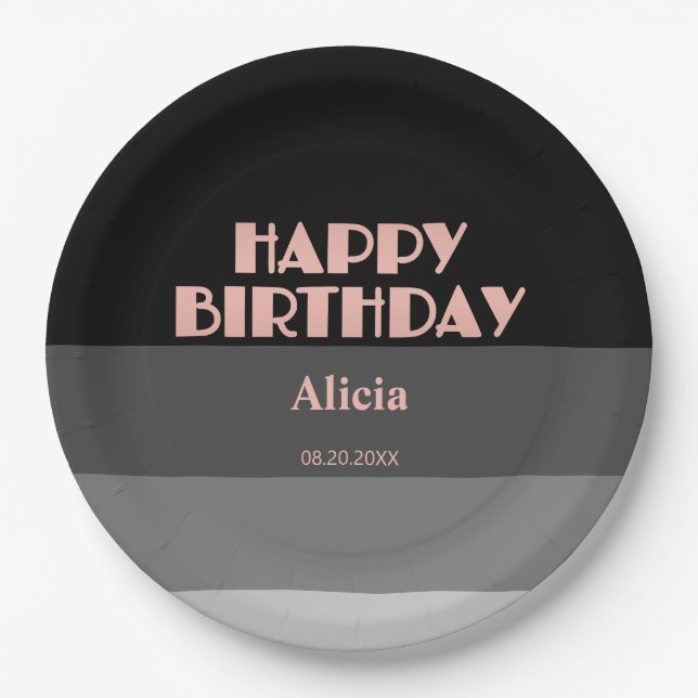 Rose Gold Script Black Grey Stripes Birthday Paper Plate (Front)