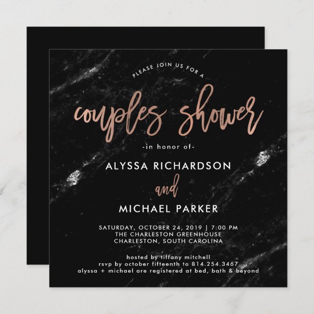 Rose Gold Script | Black Marble Couples Shower Invitation (Front/Back)
