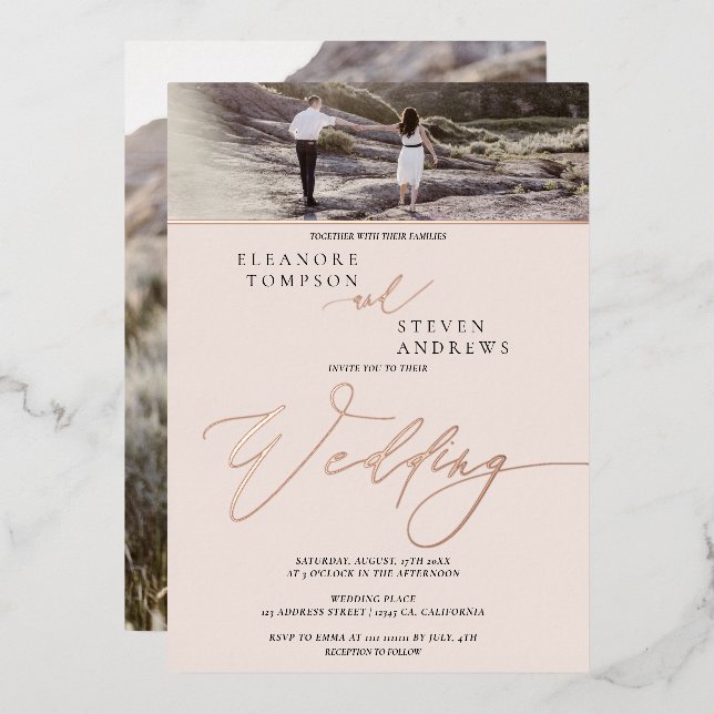 rose gold script blush 2 photos wedding (Front/Back)