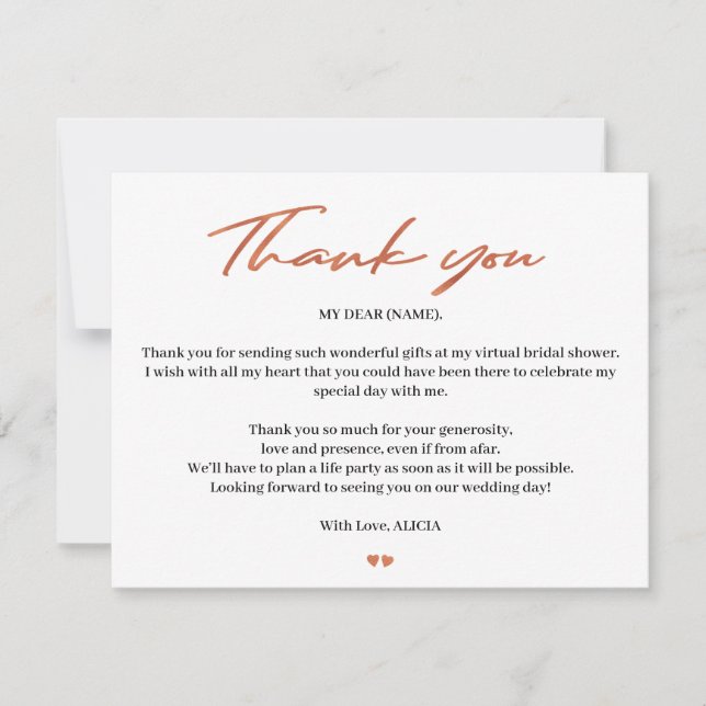 Rose gold script bridal virtual shower thank you (Front)