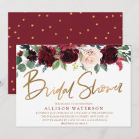 Rose gold script burgundy bridal shower invitation