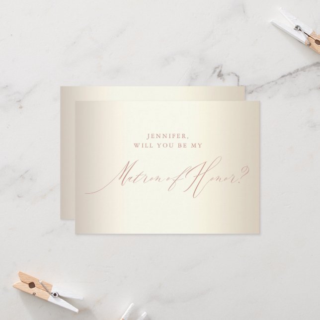 Rose Gold Script Champagne Matron of Honour Invitation (Front/Back In Situ)