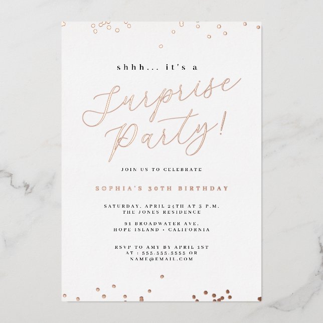 Rose Gold Script Confetti Surprise Party (Front)