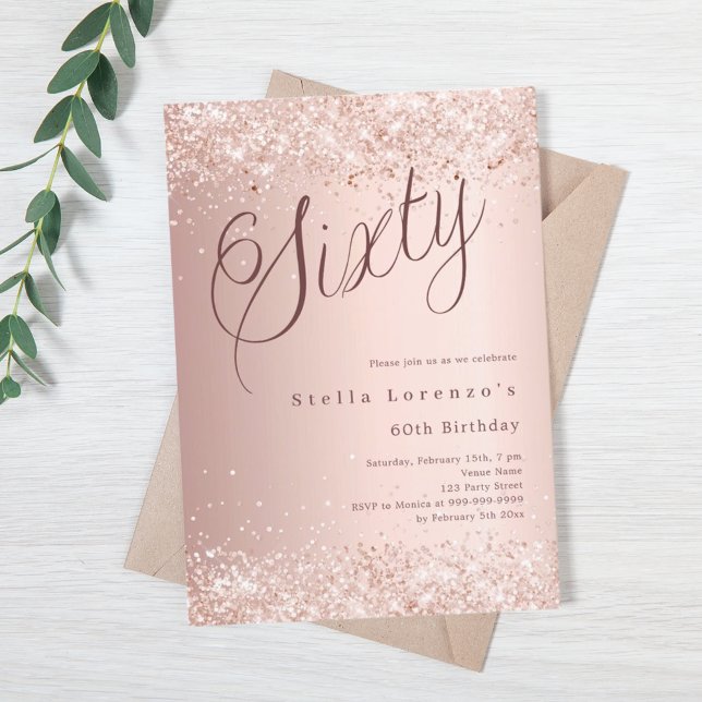 Rose gold script elegant confetti 60th birthday invitation (Creator Uploaded)