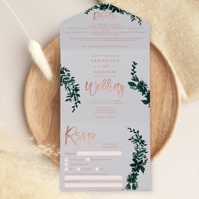 Rose gold script Floral gray elegant wedding All In One Invitation (Creator Uploaded)