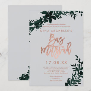 Rose gold script Floral green grey bas mitzvah Invitation