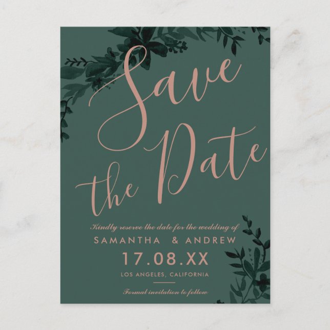 Rose gold script Floral green save the date Announcement Postcard (Front)