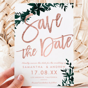 Rose gold script Floral green white save the date Announcement Postcard