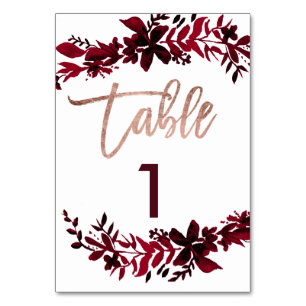 Rose gold script Floral red wedding table number