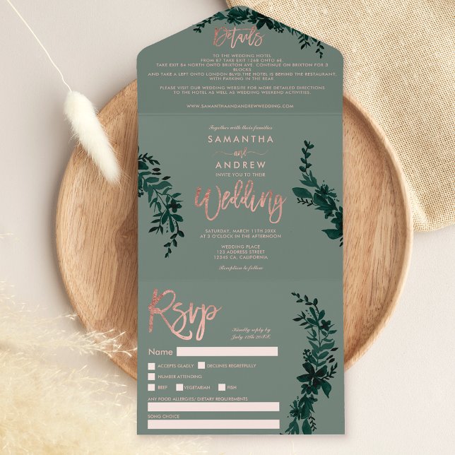 Rose gold script Floral sage green elegant wedding All In One Invitation (Creator Uploaded)