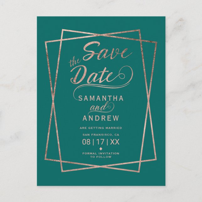 Rose gold script geometric green save the date announcement postcard (Front)