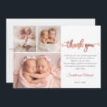Rose Gold Script Girl Twins Babies 3 Photo Collage Thank You Card<br><div class="desc">Simple Modern Elegant Rose Gold Script Twins Newborn 3 Photo Collage Baby Girls Thank You Card. Features a beautiful "thank you" text in a cursive handwritten calligraphy swash tail font script in faux rose gold foil (or blush pink foil) and pre-made personal message. 3 Photo on front and at the...</div>