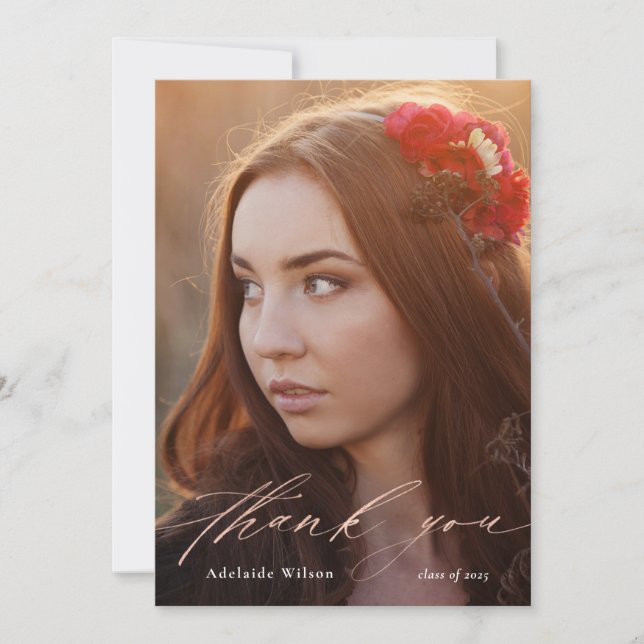 Rose Gold Script Graduation Thank You with Photo Card (Front)