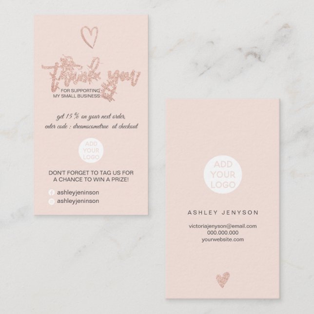Rose gold script heart blush logo order thank you business card (Front/Back)