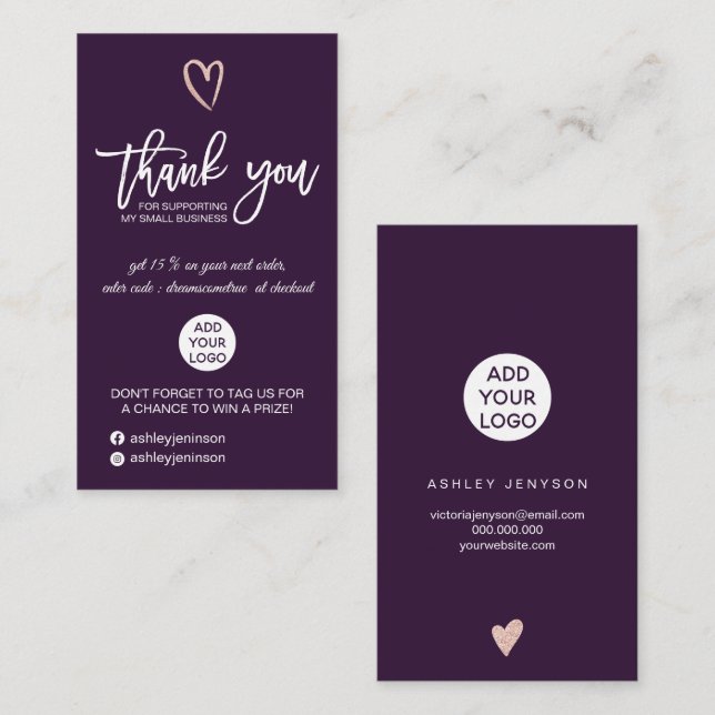 Rose gold script heart purple logo order thank you business card (Front/Back)