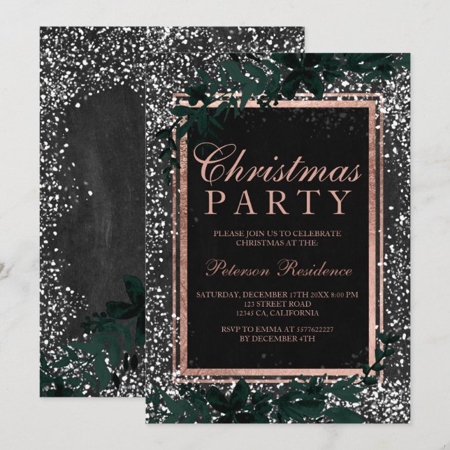 Rose gold script leaf snow chalkboard Christmas Invitation (Front/Back)