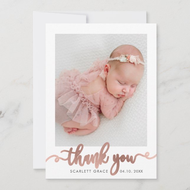 Rose Gold Script Minimalist Baby Photo Thank You Card (Front)