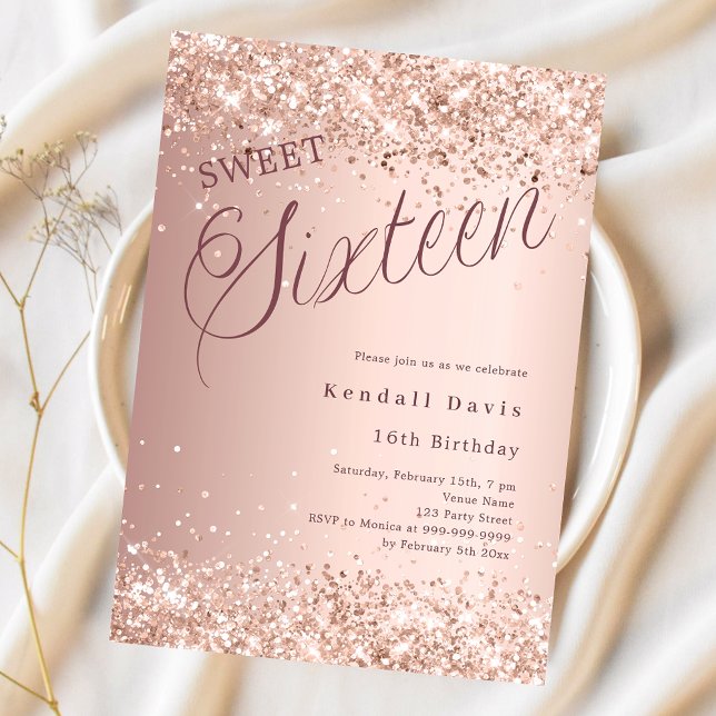 Rose gold script modern budget Sweet 16 invitation (Creator Uploaded)