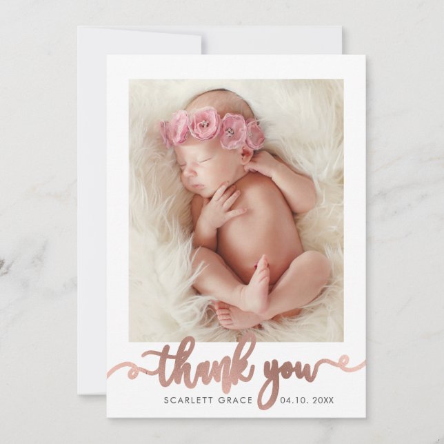 Rose Gold Script Modern Overlay text Baby Photo Thank You Card (Front)