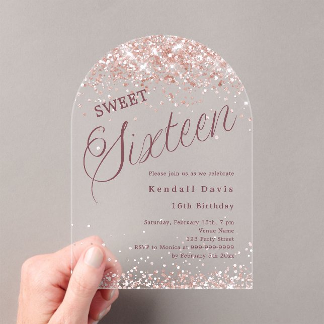 Rose gold script modern Sweet 16 clear arch Acrylic Invitations (Insitu (Handheld))
