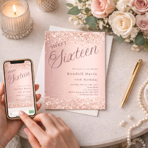 Rose gold script modern Sweet 16 Invitation