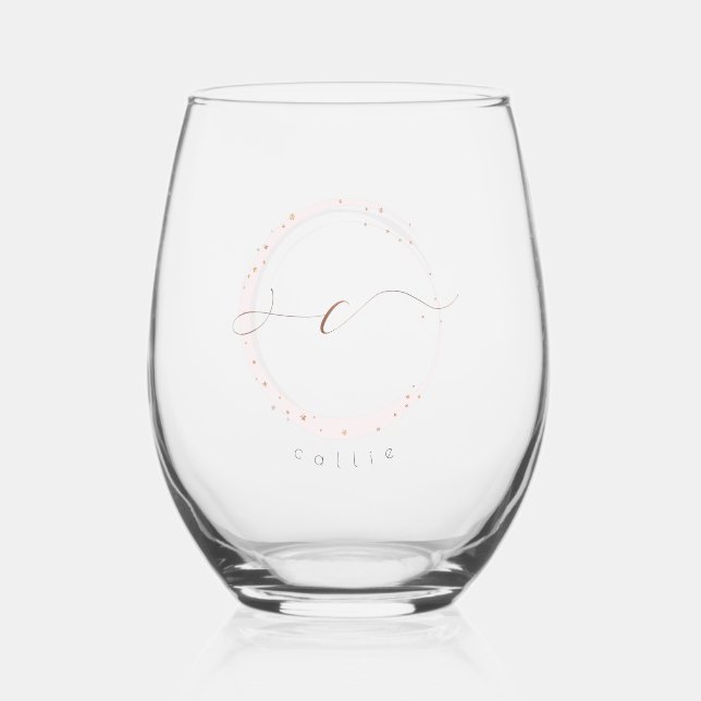 Rose Gold Script Monogram Letter C Stemless Wine Glass (Front)