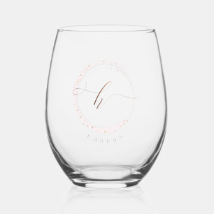 Rose Gold Script Monogram Letter H Stemless Wine Glass