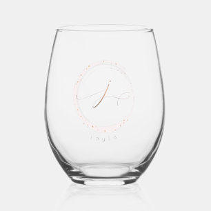 Rose Gold Script Monogram Letter J Stemless Wine Glass