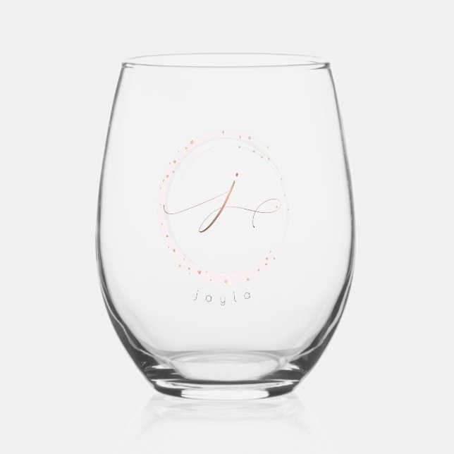 Rose Gold Script Monogram Letter J Stemless Wine Glass (Front)