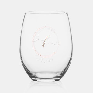 Rose Gold Script Monogram Letter K Stemless Wine Glass