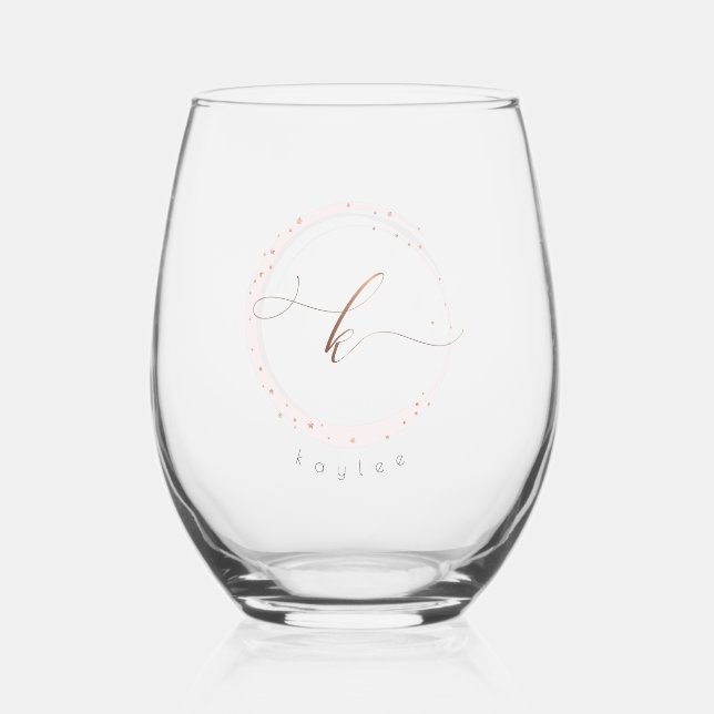 Rose Gold Script Monogram Letter K Stemless Wine Glass (Front)
