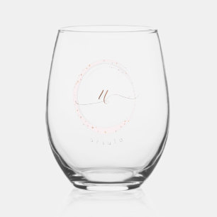Rose Gold Script Monogram Letter U Stemless Wine Glass