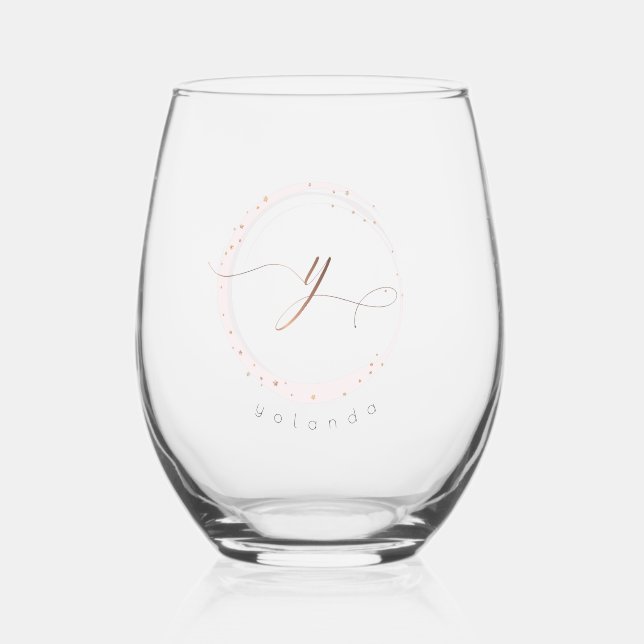 Rose Gold Script Monogram Letter Y  Stemless Wine Glass (Front)