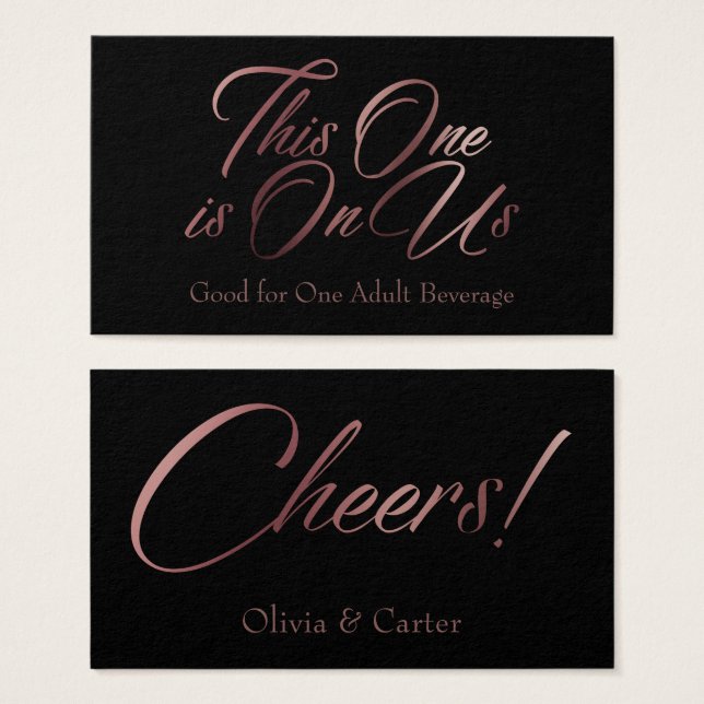 Rose Gold Script on Black Drink Ticket Cards (Front & Back)