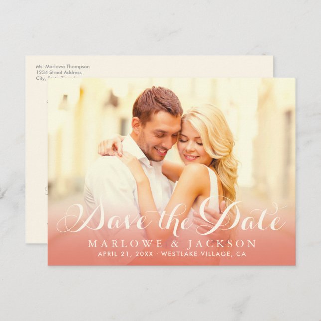 Rose Gold Script Overlay Photo Save the Date Ivory Announcement Postcard (Front/Back)
