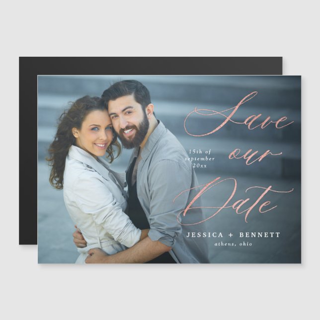 Rose Gold Script Overlay Photo Save the Date Magnetic Invitation (Front/Back)