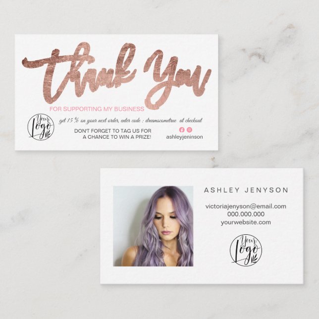 Rose gold script photo logo order thank you business card (Front/Back)