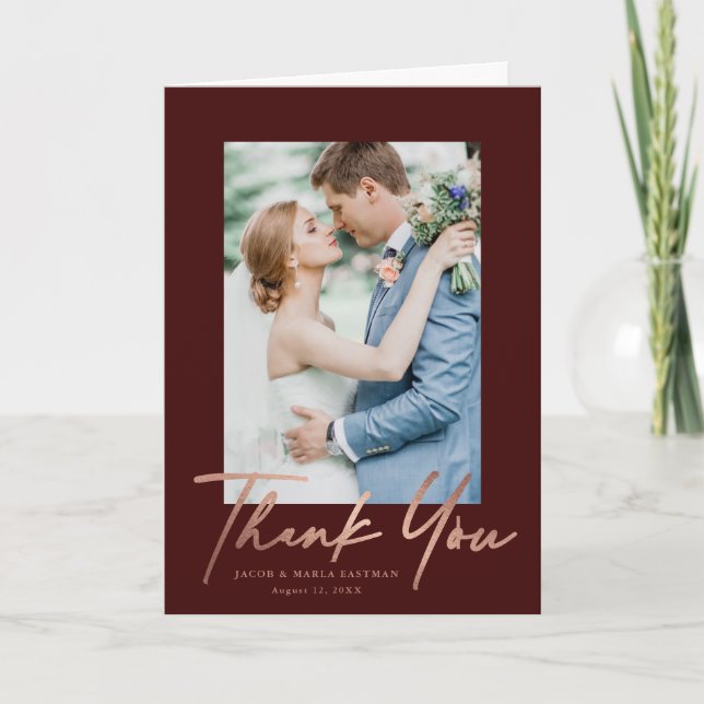 Rose Gold Script Photo Wedding Thank You Card (Front)