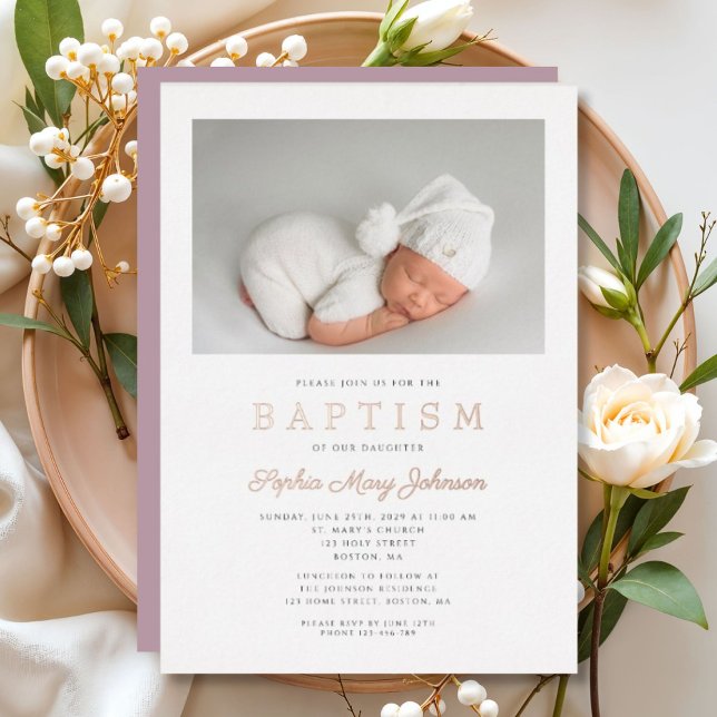 Rose Gold Script Purple Photo Girl Baptism (Rose Gold Script Purple Photo Girl Baptism Foil Invitation)