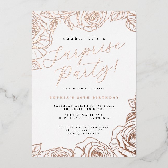 Rose Gold Script Rose Surprise Party (Front)