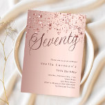 Rose gold script stars 70th birthday invitation<br><div class="desc">A modern,  stylish invitation for a 70th birthday party.  Rose gold gradient background and the word Seventy written with elegant large script letters in dark rose gold. Decorated with rose gold coloured stars. Personalize and add a name and party details.</div>