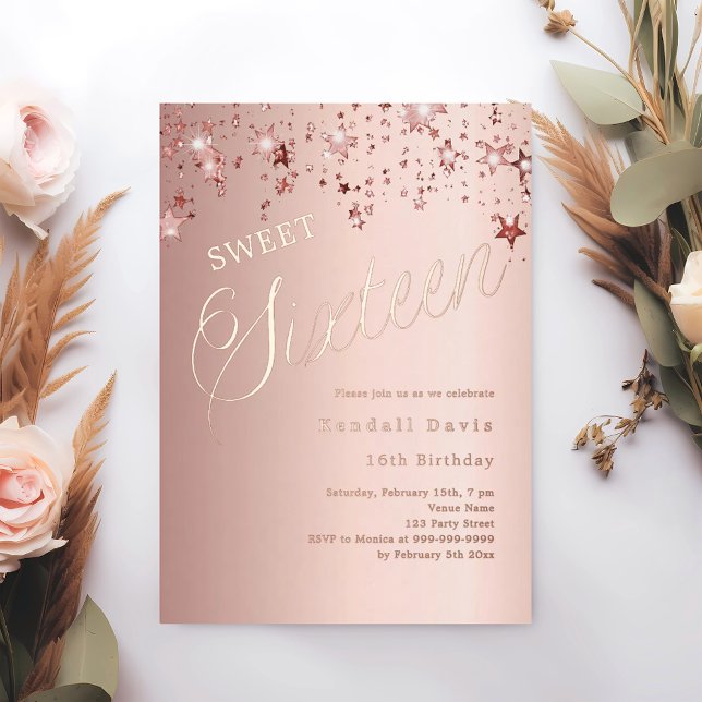 Rose gold script stars modern Sweet 16 (Creator Uploaded)